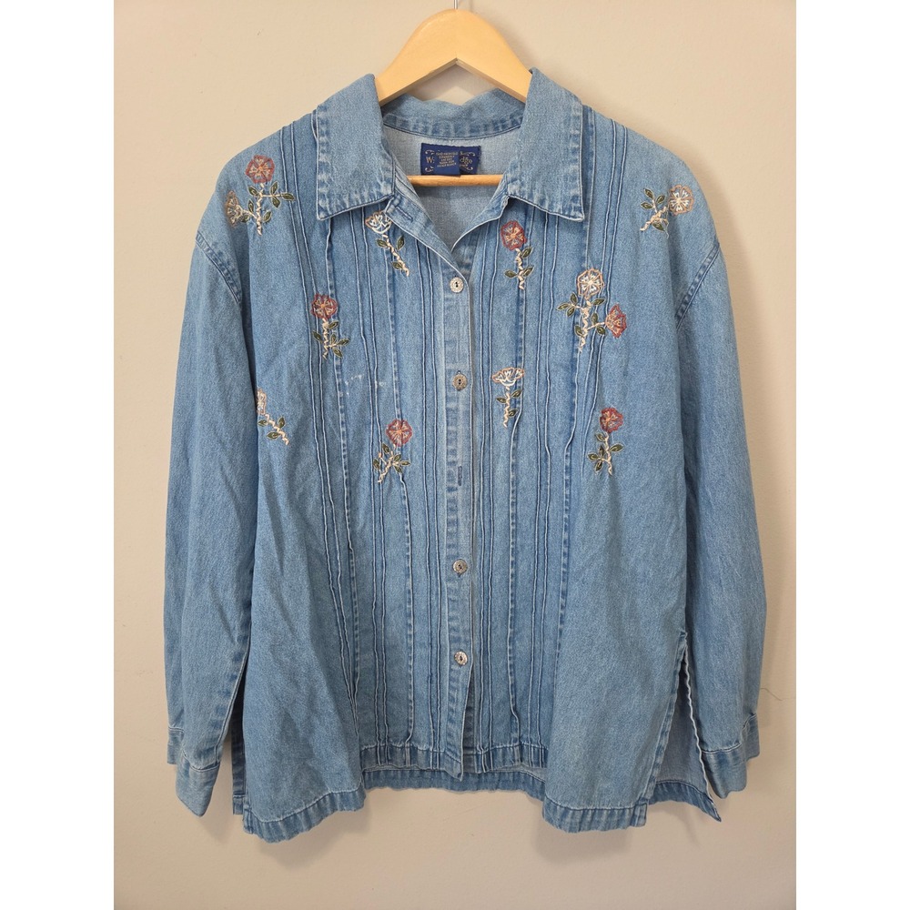 Willow Ridge Denim Floral Embroidered Pintuck Shirt Blue Womens XLP Cottagecore